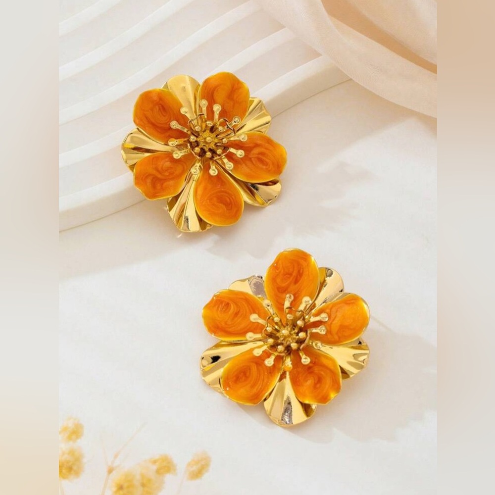 Boho Orange Flower Earrings Gold Double Layer 18K Gold Plated - Picture 2 of 3